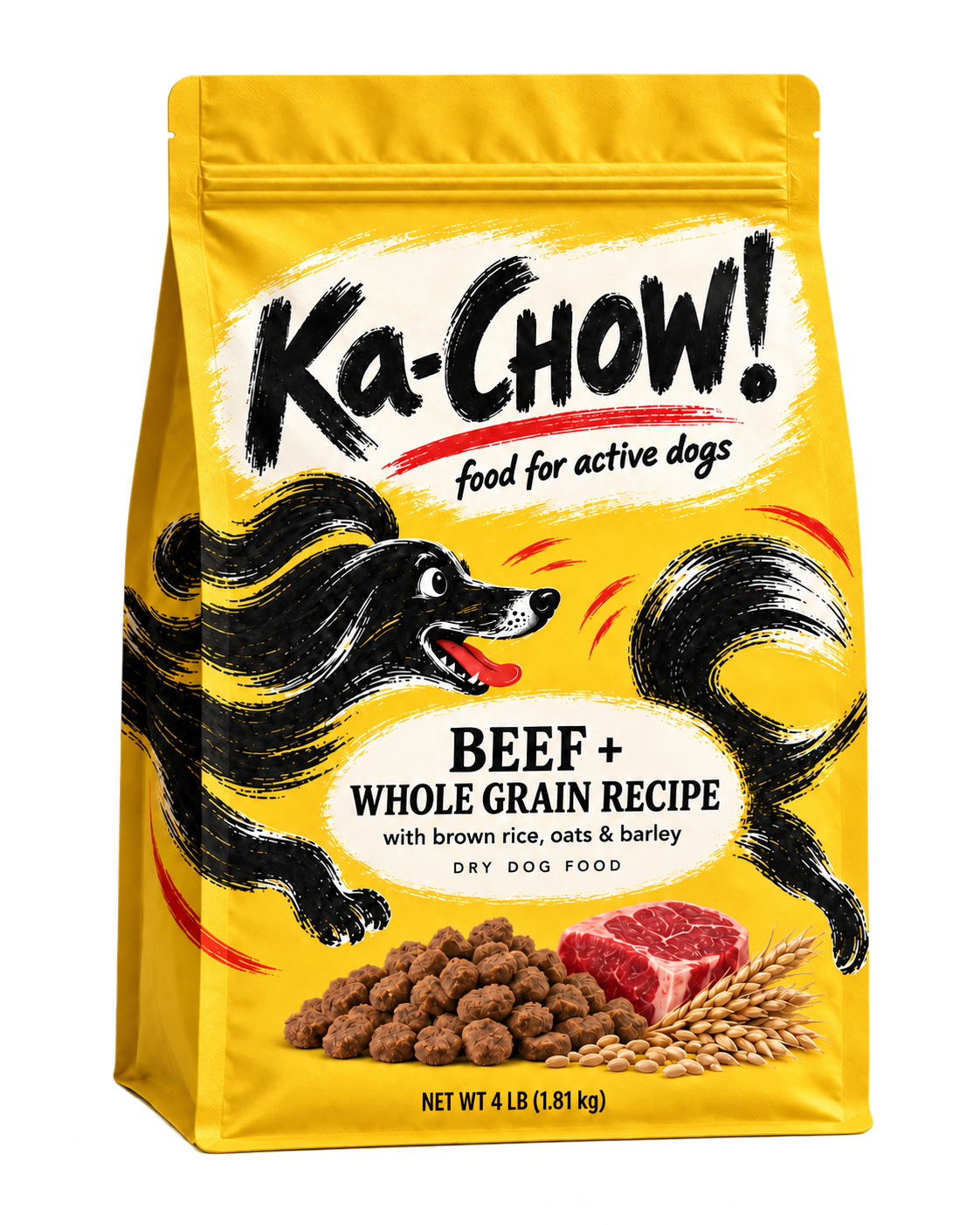 Ka-CHOW! yellow dog food bag with a running black dog illustration