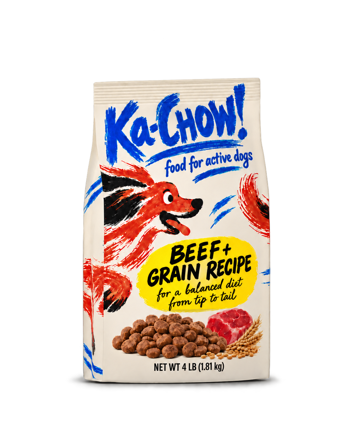 Cream Ka-CHOW! dog food bag with blue brush lettering, a red dog, and a yellow beef and grain recipe label