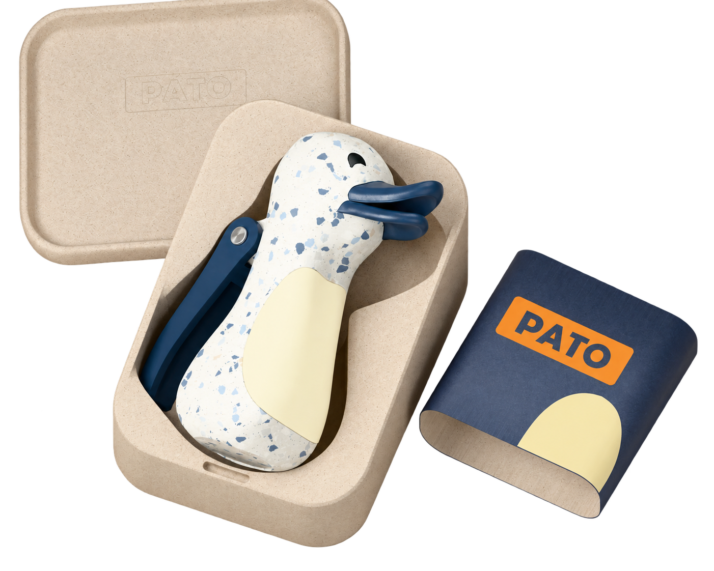 PATO duck-shaped nozzle in molded paper packaging with a navy and orange band